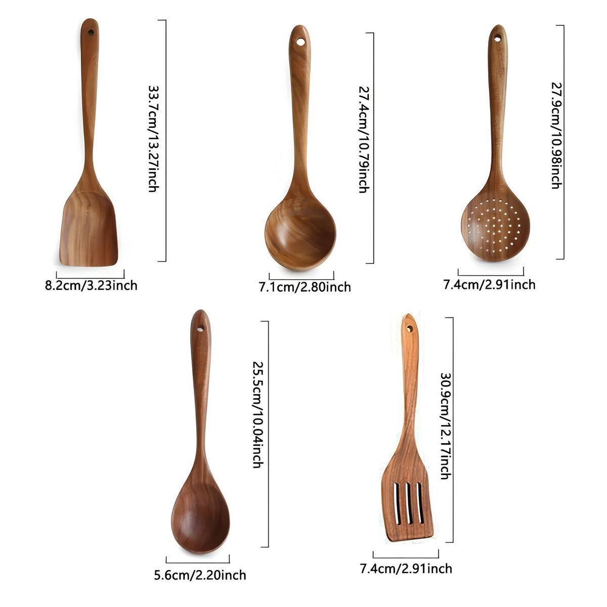 Set of teak kitchen utensils with size measurements on white background