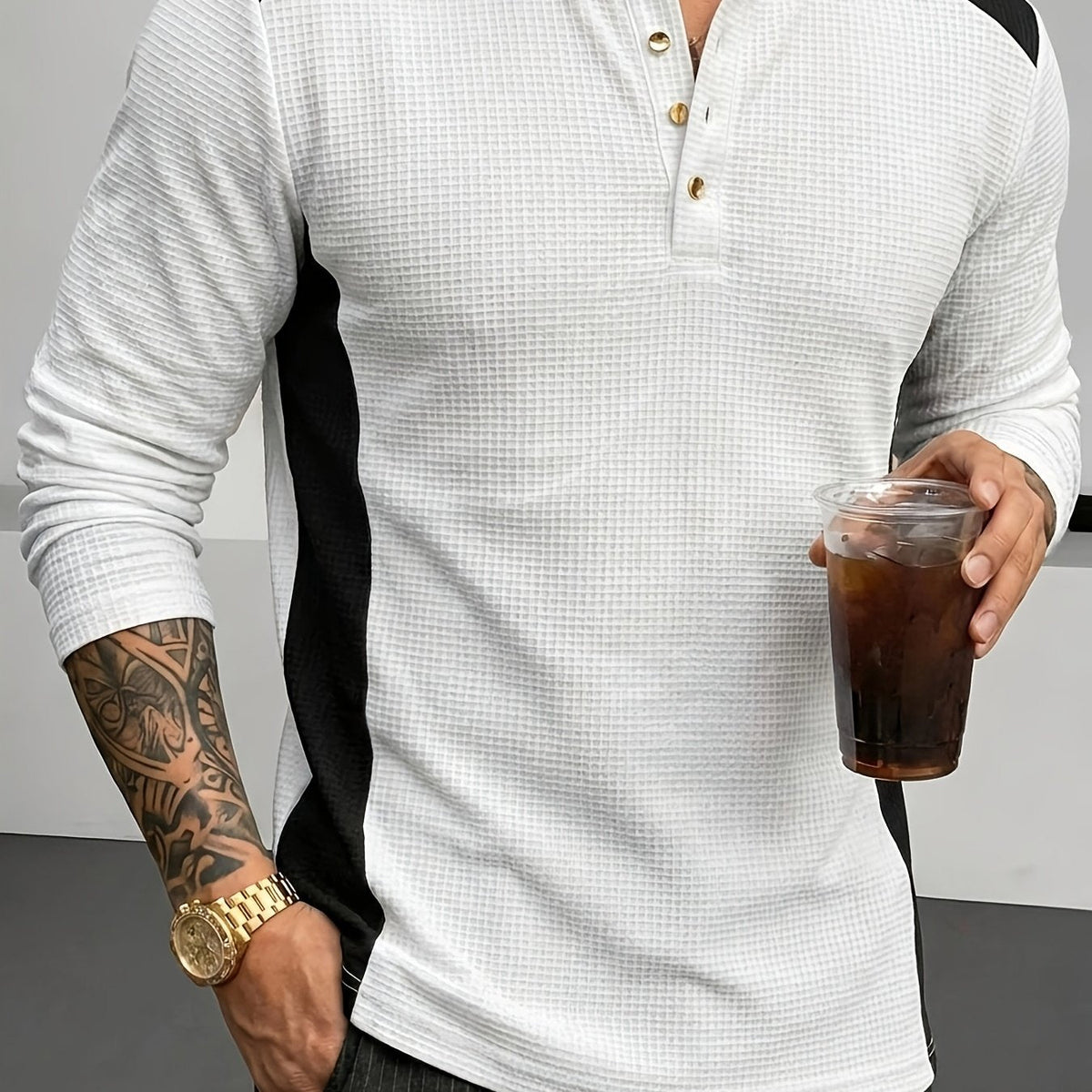 Textured henley contrast detail, white color view