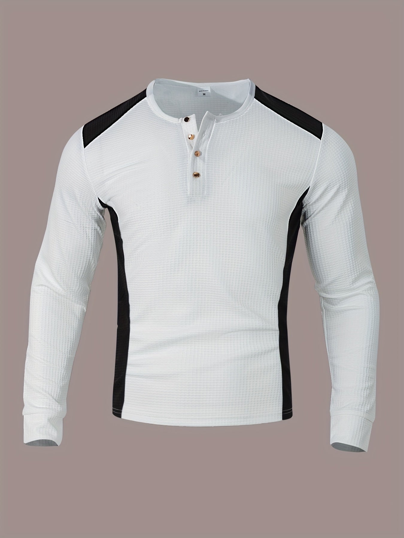 Textured henley contrast detail, styled front view
