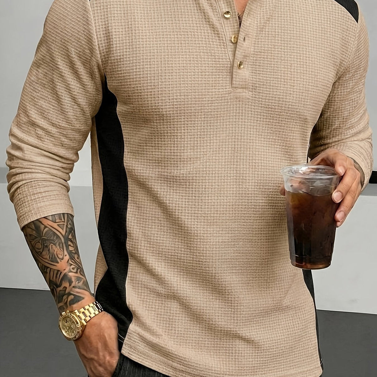 Textured henley contrast detail, khaki color view