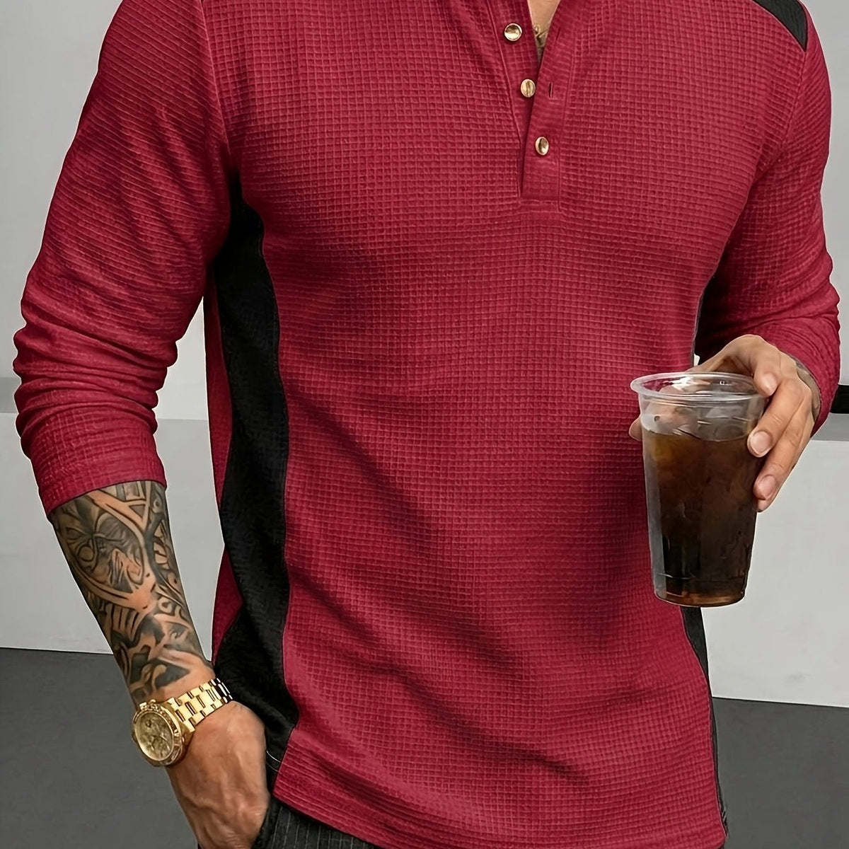 Textured henley contrast detail, burgundy color view