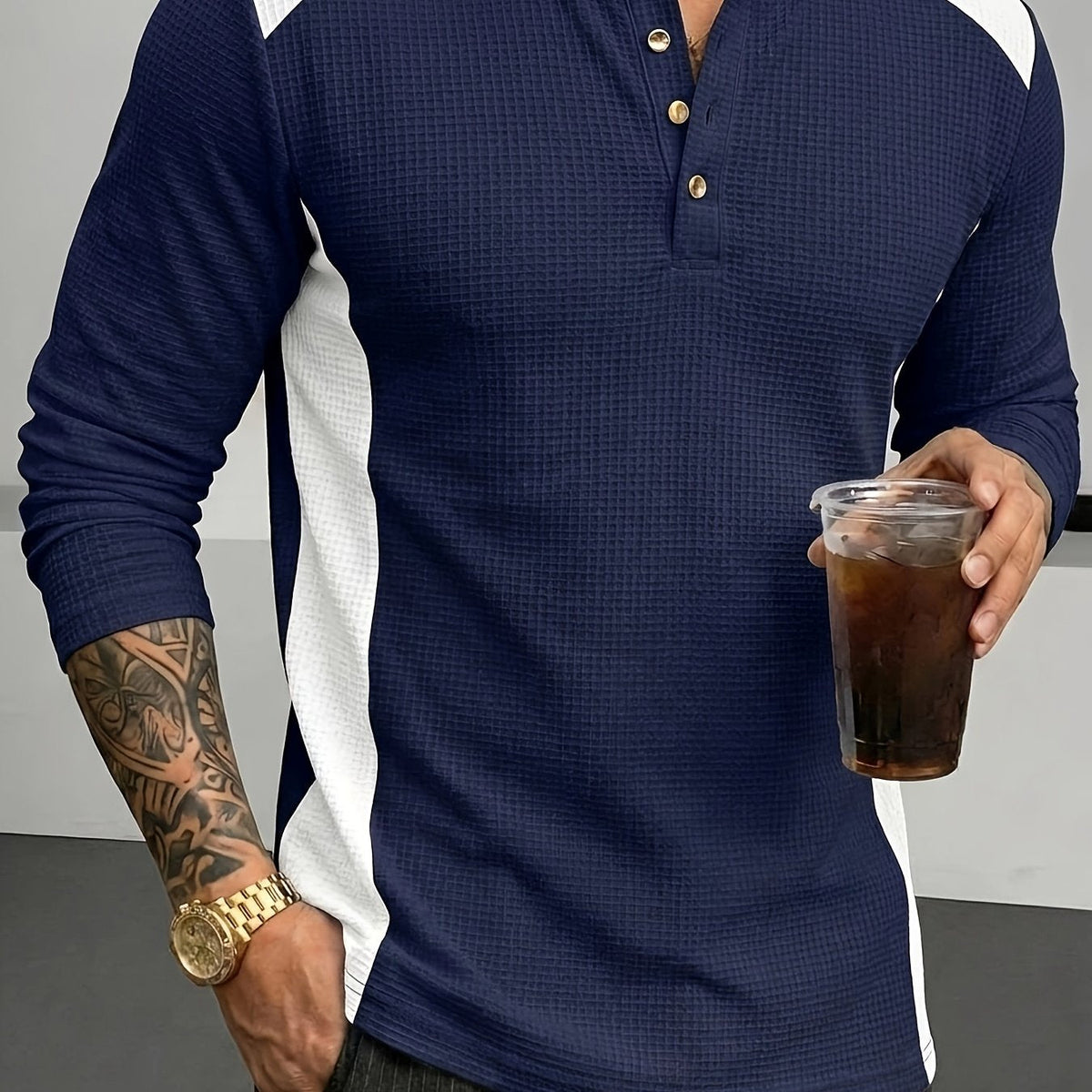 Textured henley contrast detail, navy color view