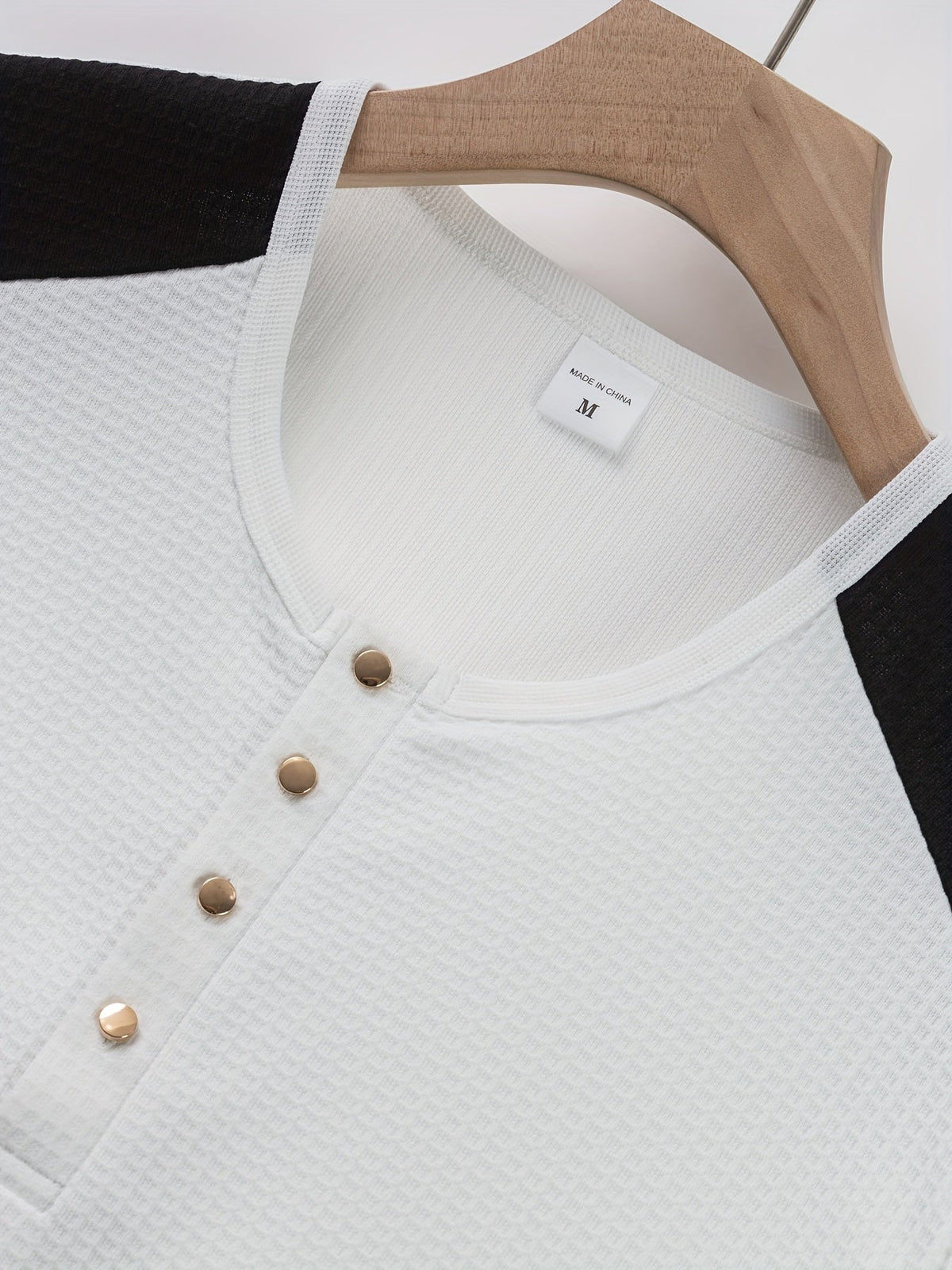 Textured henley contrast detail, side view