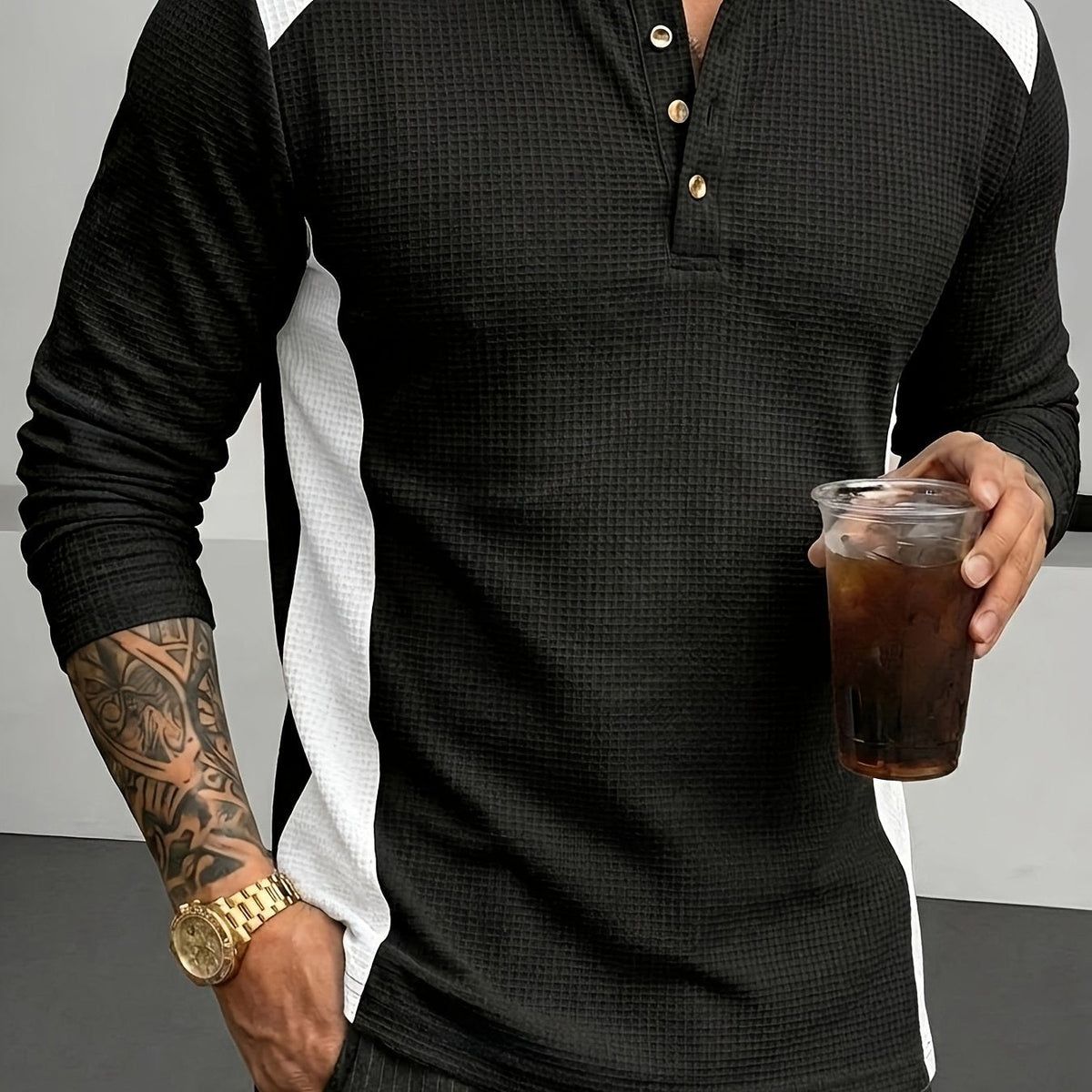 Textured henley contrast detail, black color view