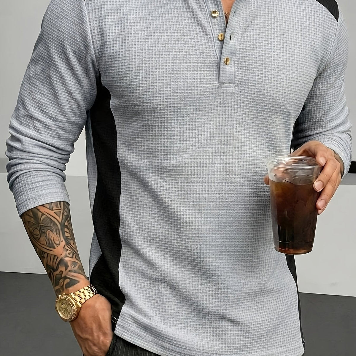 Textured henley contrast detail, grey color view