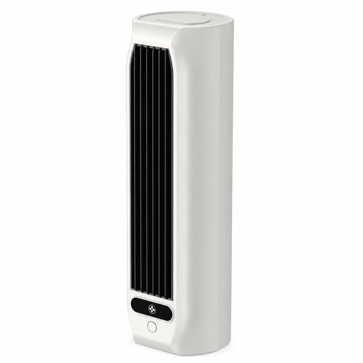 White portable air cooler with vertical black grille and control buttons