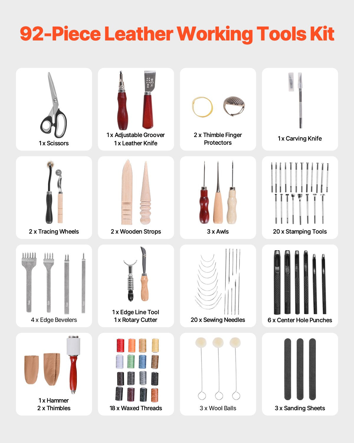 92-piece leather working tools kit with scissors, knives, punches, wheels, and threads