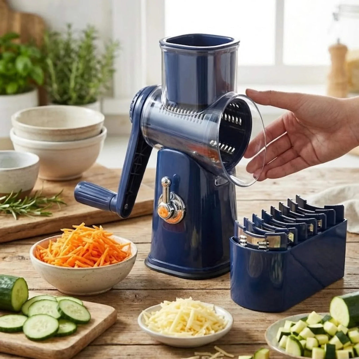 Blue rotary grater with clear hopper and blade storage base, held in hand