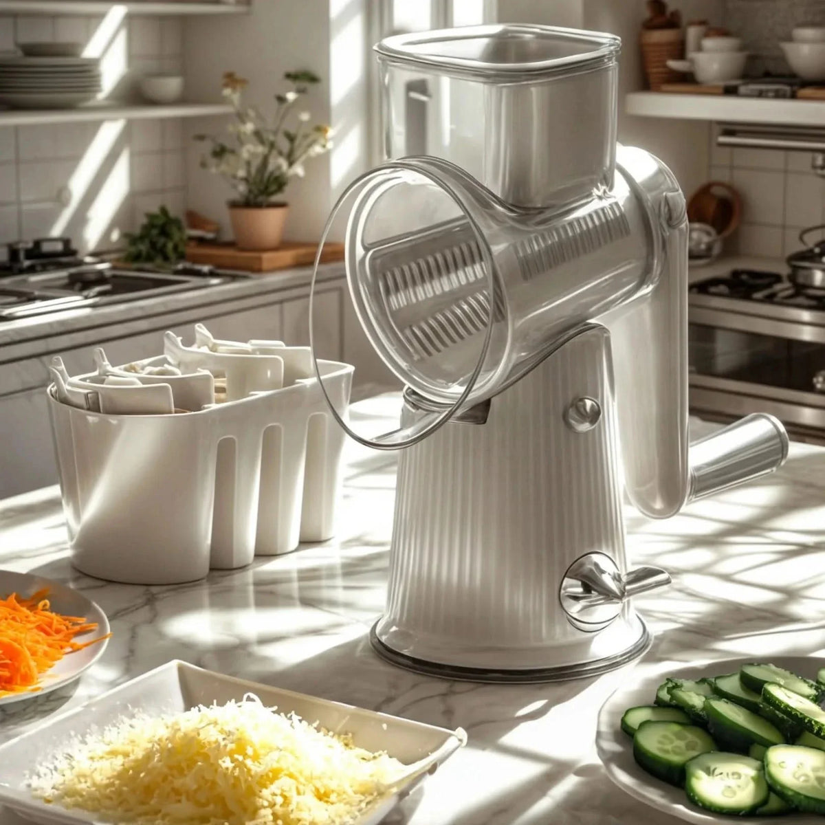White rotary grater with clear hopper and blade storage caddy for shredding