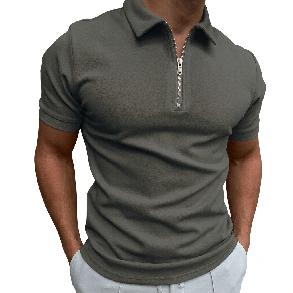 Slim fit half-zip polo, dark gray front view