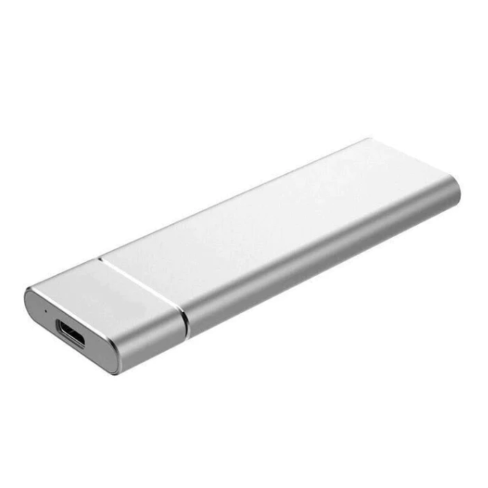 Portable external hard drive enclosure in silver with USB port