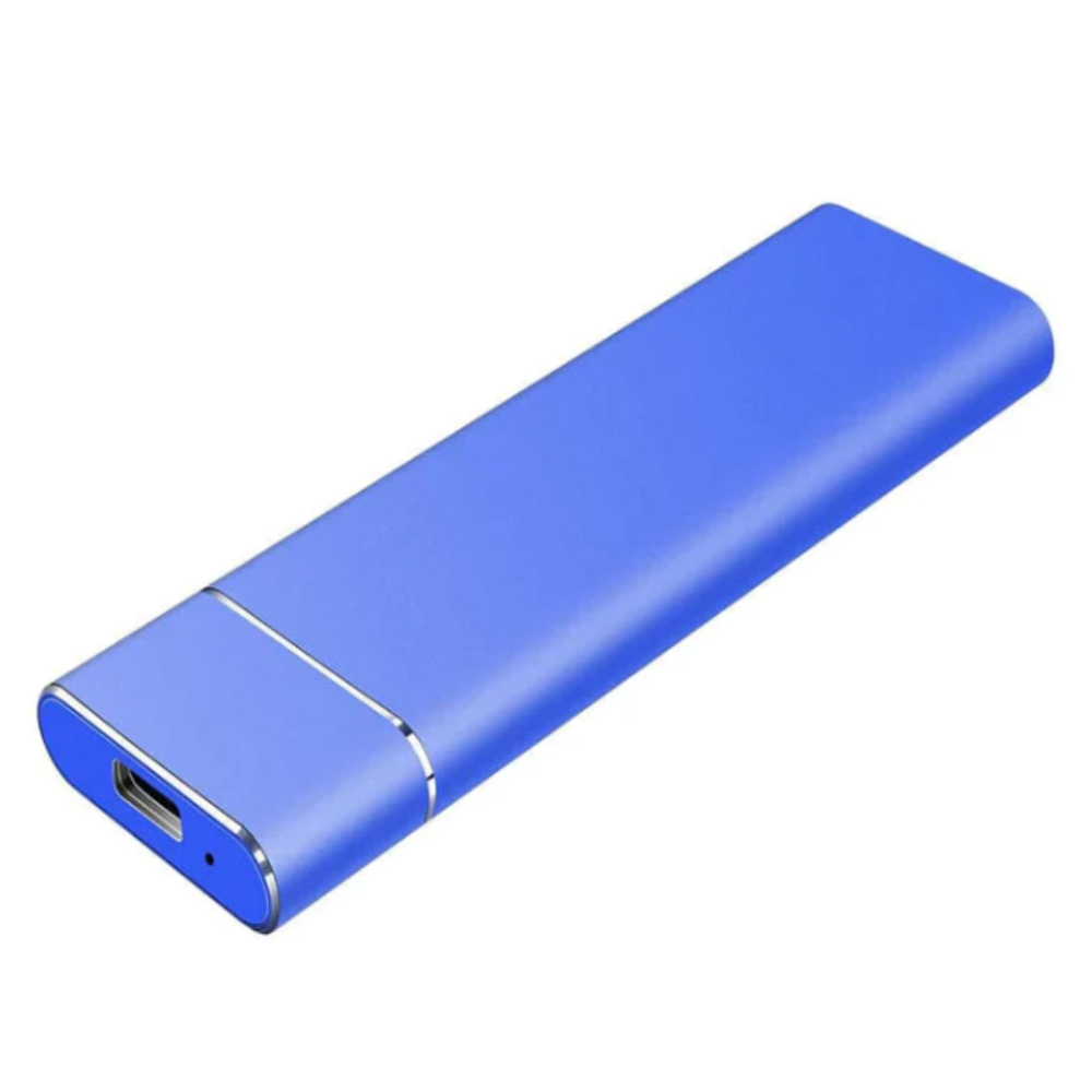 Portable external hard drive enclosure in blue with USB port