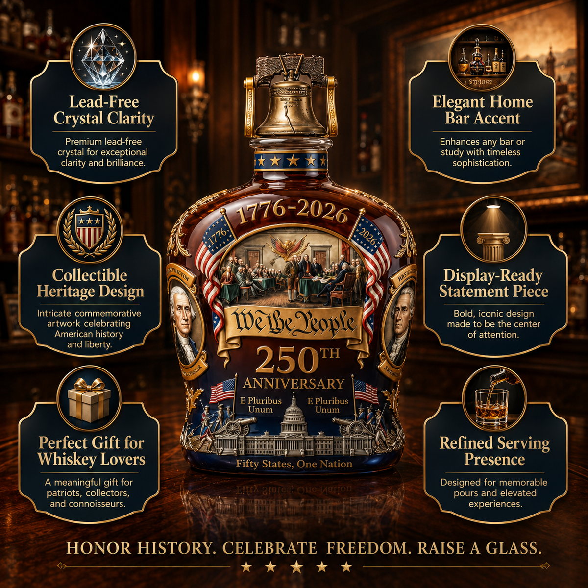 Crystal whiskey decanter display with We the People 250th anniversary artwork on front