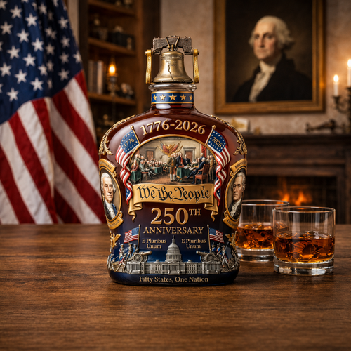 Crystal whiskey decanter with We the People 250th anniversary design and gold-toned cap