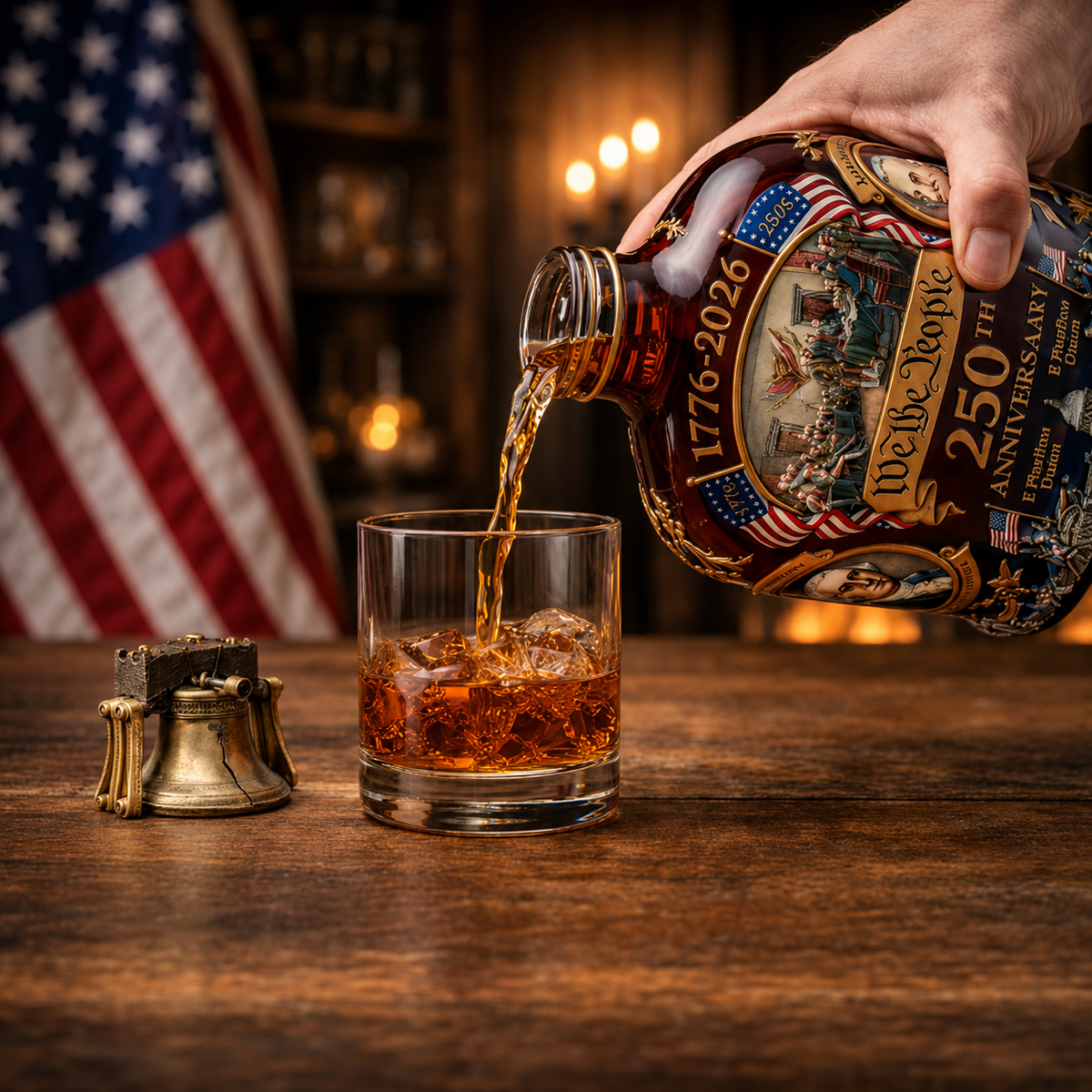 Hand pouring amber whiskey from illustrated crystal decanter into a glass tumbler