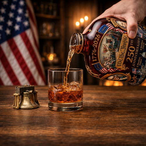 Hand pouring amber whiskey from illustrated crystal decanter into a glass tumbler