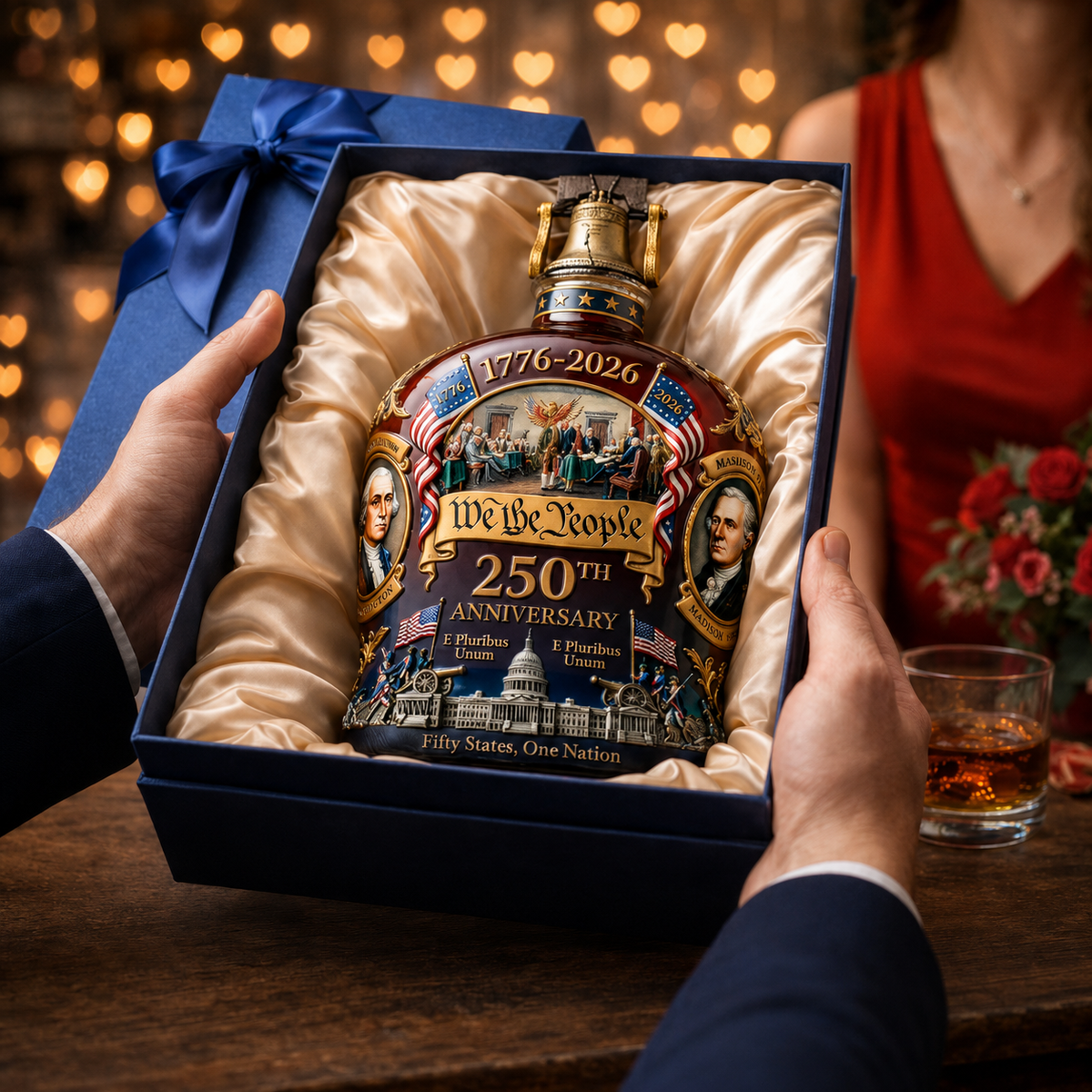 Crystal decanter inside gift box with satin lining and We the People 250th anniversary label