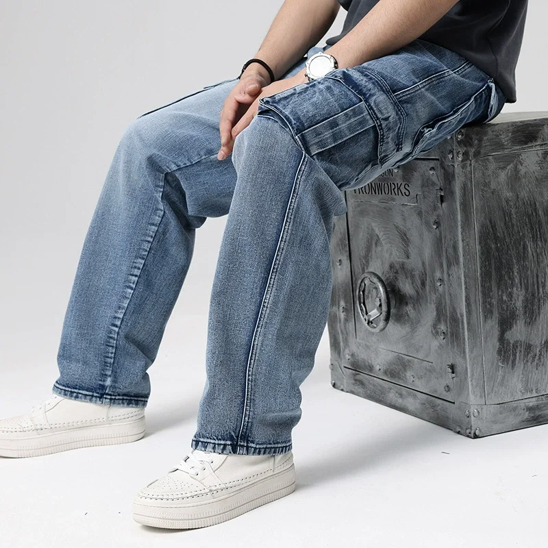Faded wash utility cargo pants, side profile