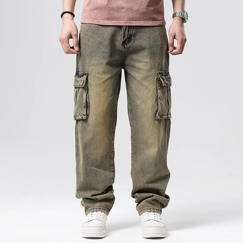 Faded wash utility cargo pants, texture close-up