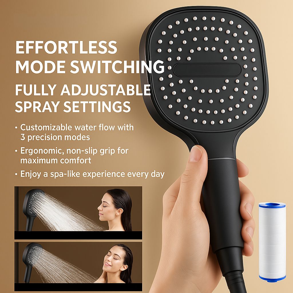 Black shower head with round nozzle face and ergonomic non-slip handle