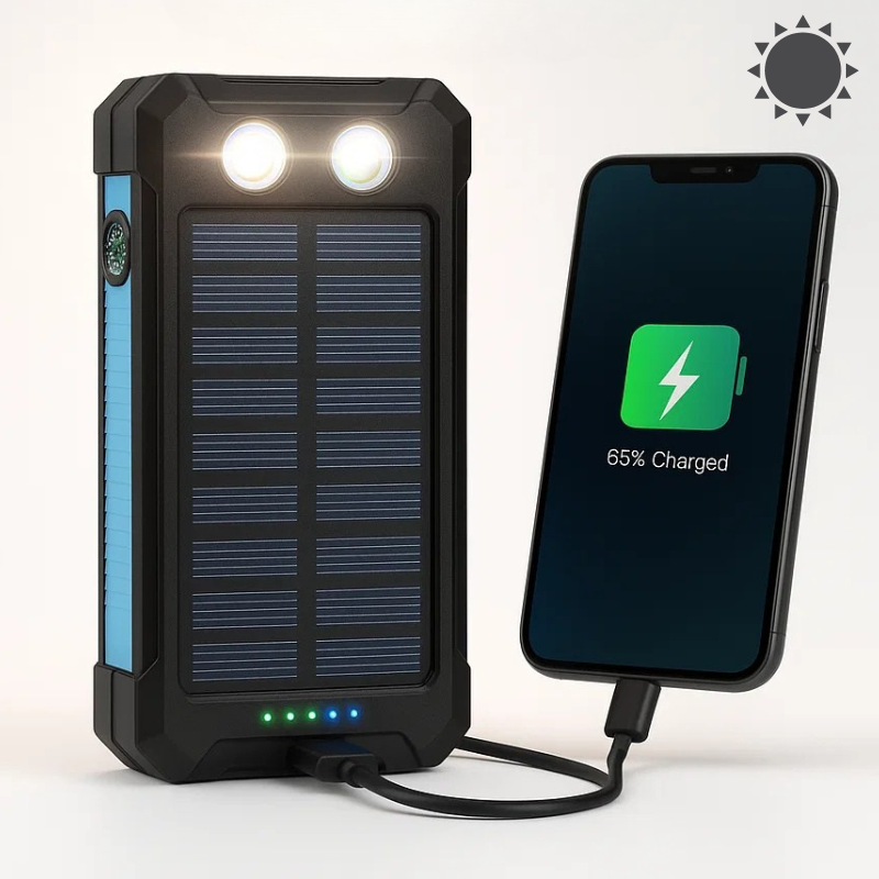 Black solar power bank with charging indicator and connected smartphone