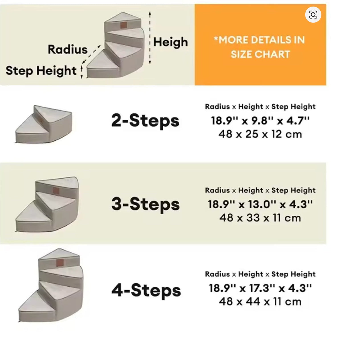 Size chart for 2-step, 3-step, and 4-step dog stairs with height and radius