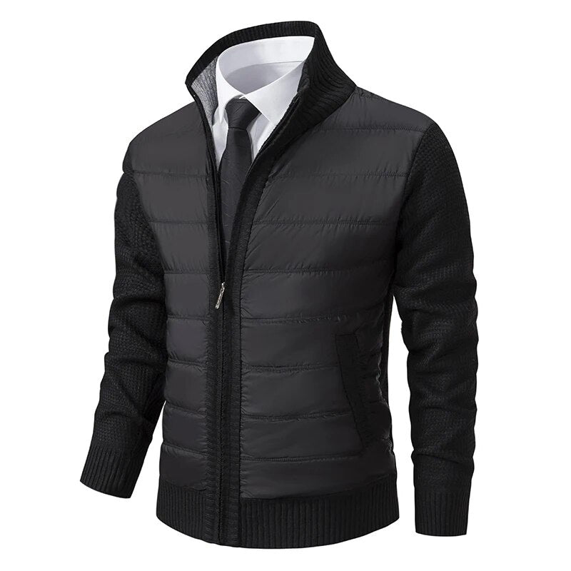 Black quilted front zip jacket with ribbed knit cuffs and stand collar