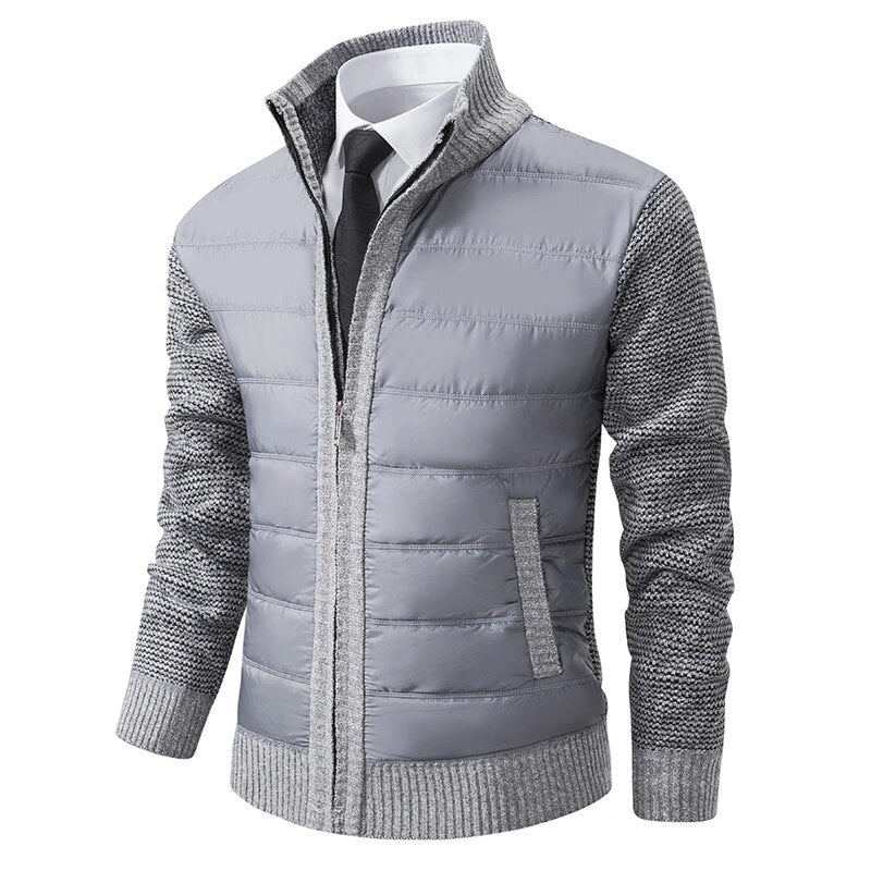 Light gray quilted front zip jacket with knit sleeves and chest pocket