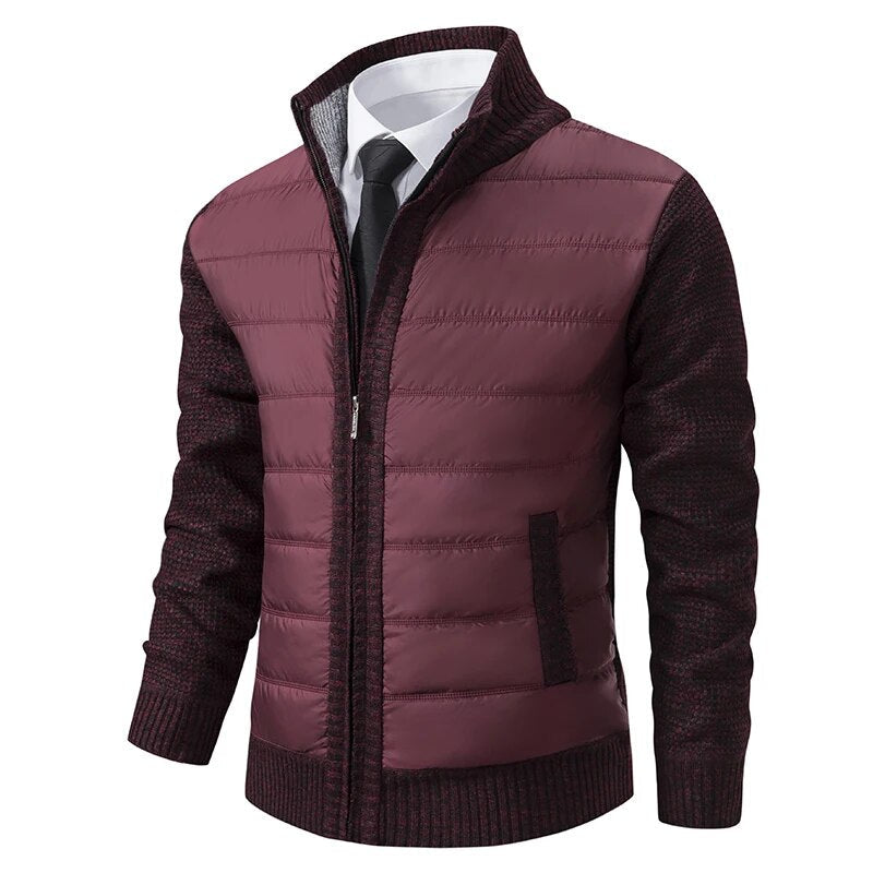 Wine red quilted front zip jacket with knit sleeves and angled chest pocket