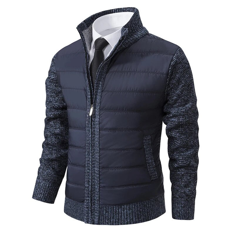 Navy blue quilted front zip jacket with knit sleeves and stand collar