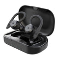 Black waterproof wireless sport earbuds with charging case open, showing both earbuds