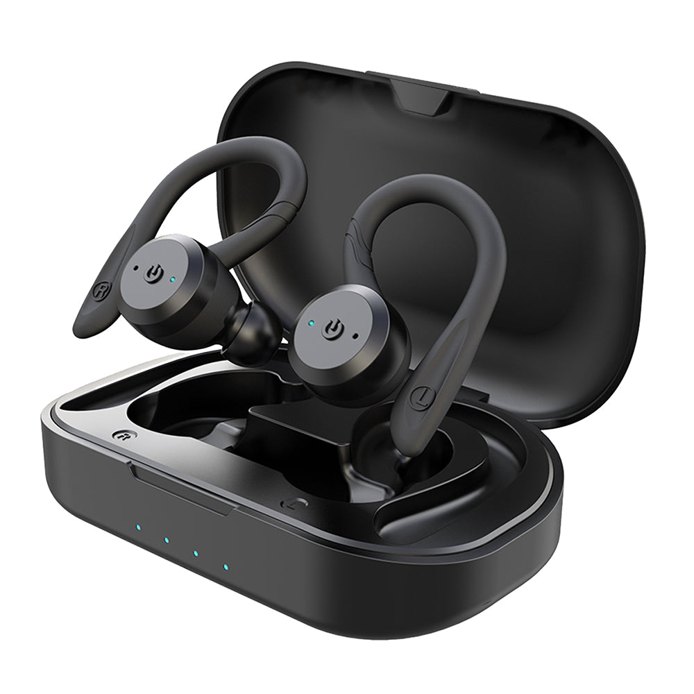 Black waterproof wireless sport earbuds with charging case open, showing both earbuds