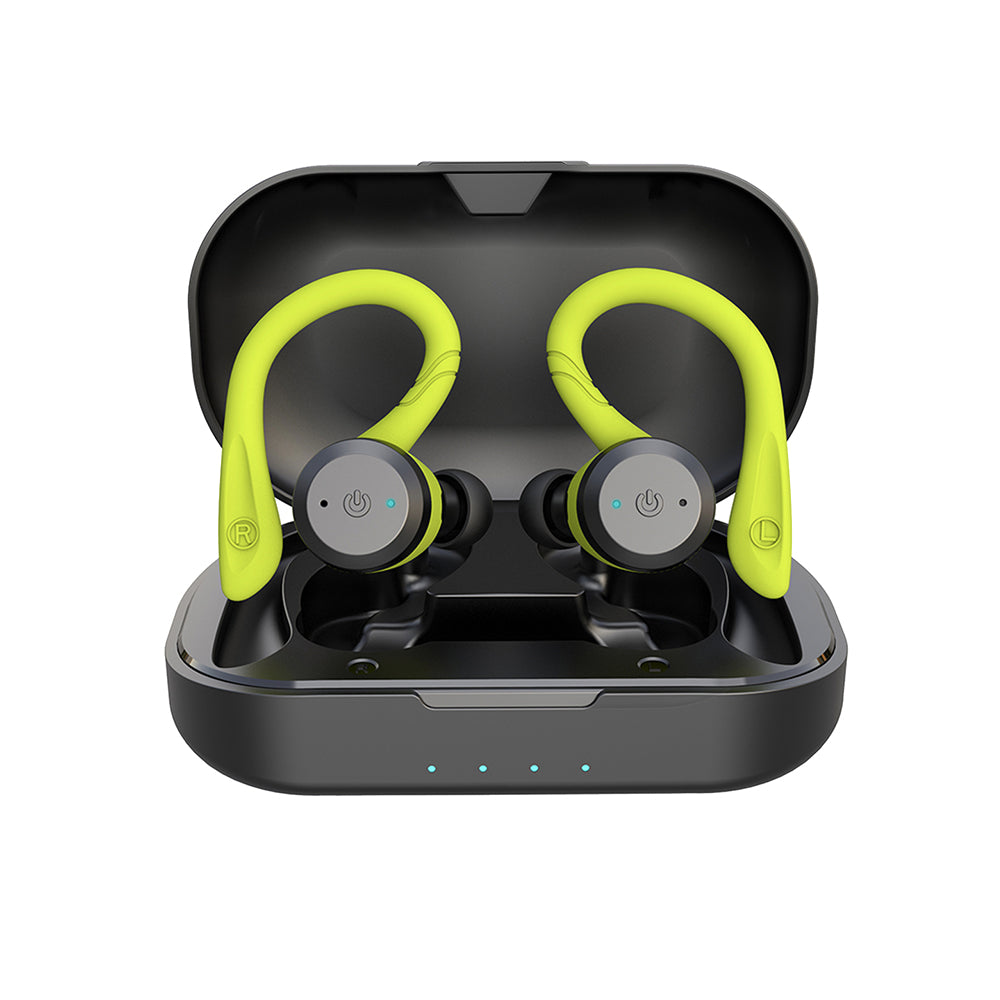 Green wireless sport earbuds in a black charging case, open view of both earbuds