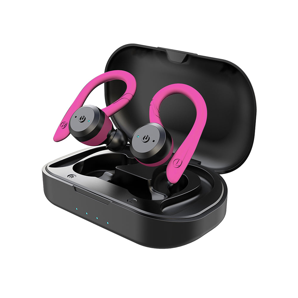 Pink waterproof wireless sport earbuds with charging case open, earbuds with ear hooks