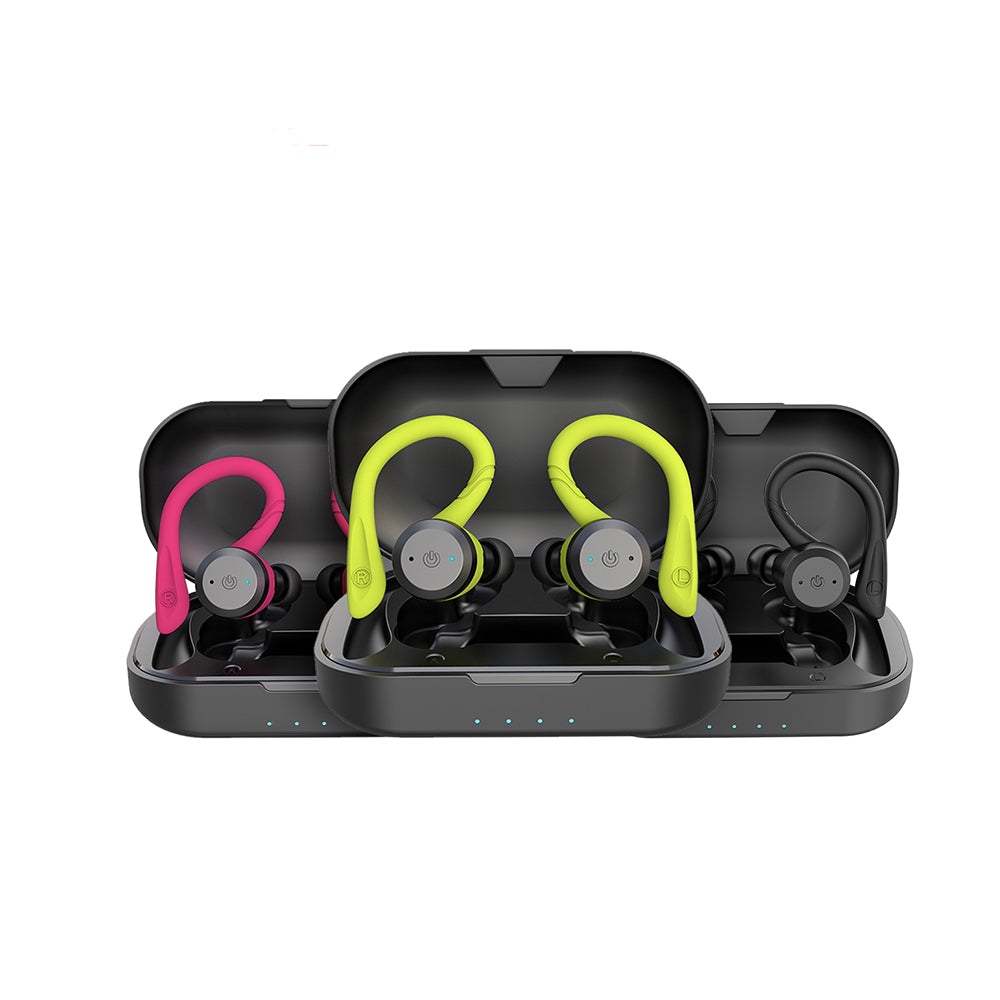 Wireless sport earbuds in pink and green with black charging case open, both earbuds shown