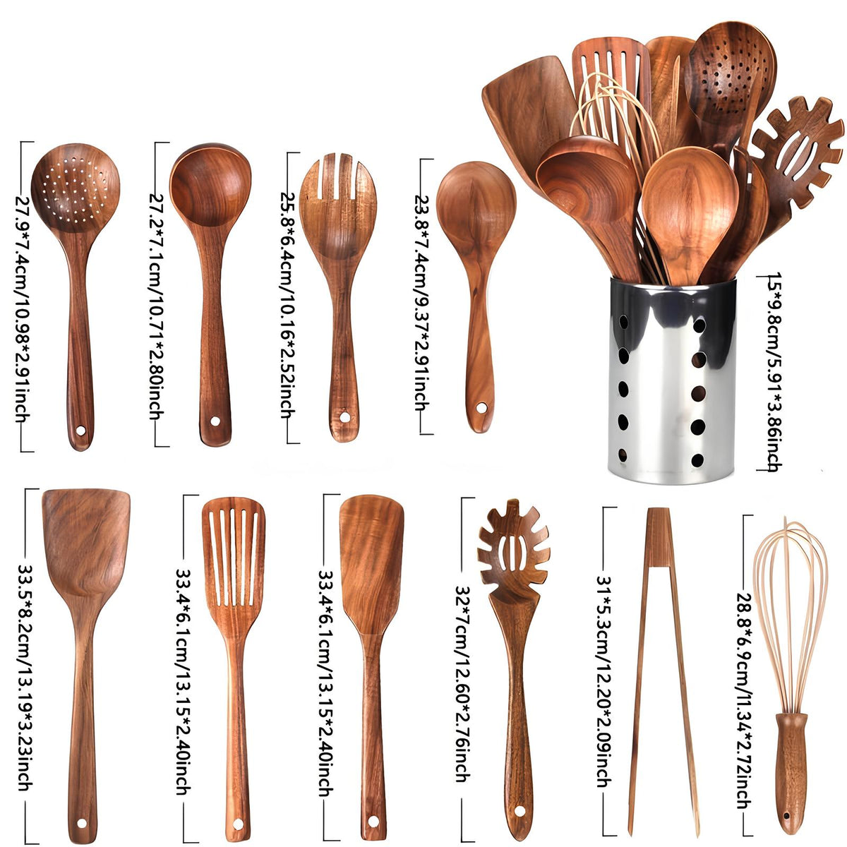 Teak kitchen utensil set lineup with multiple wooden tools shown with size labels