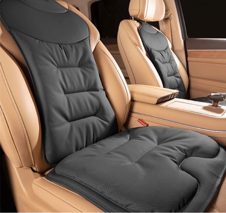 Ergonomic car seat cushion with lumbar support, black padded seat cushion.