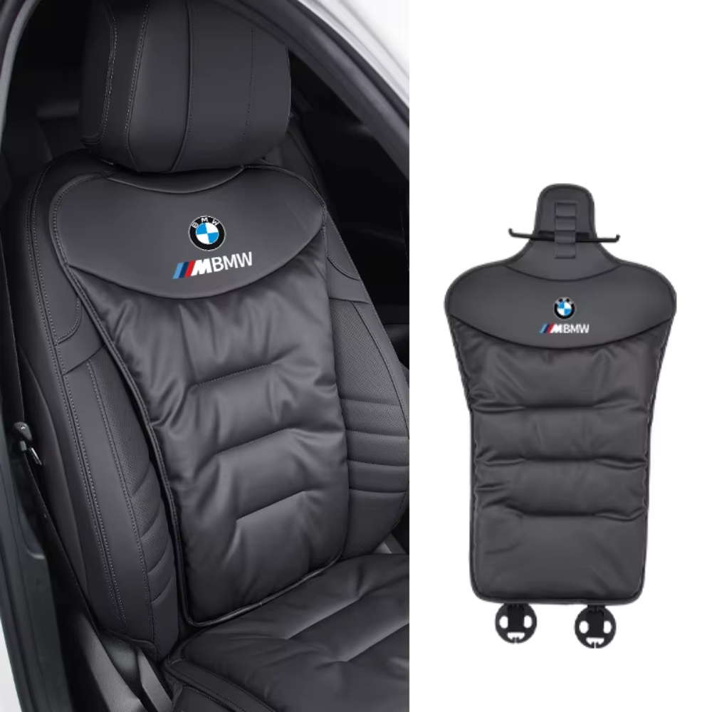 Ergonomic car seat cushion with lumbar support, dark gray padded back panel with BMW M logo.