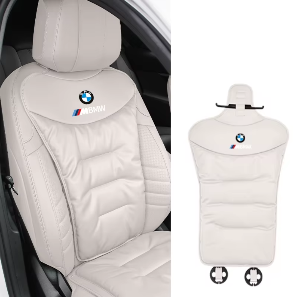 Ergonomic car seat cushion with lumbar support, light beige padded back panel with BMW logo.