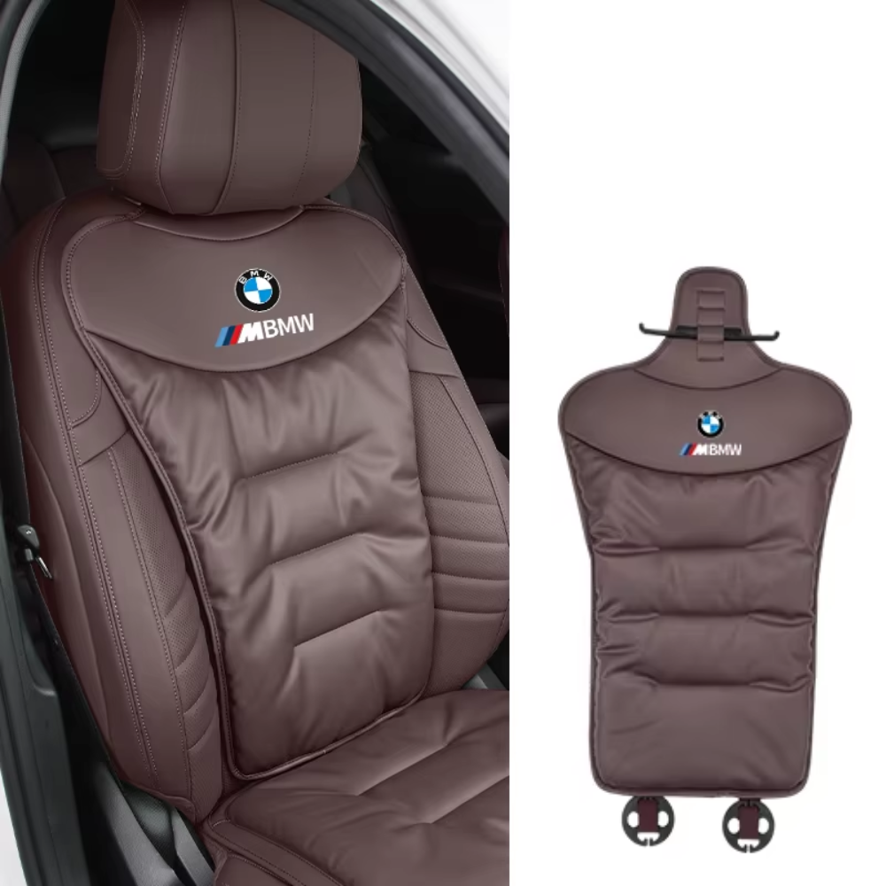 Ergonomic car seat cushion with lumbar support, brown padded back panel with BMW M logo.