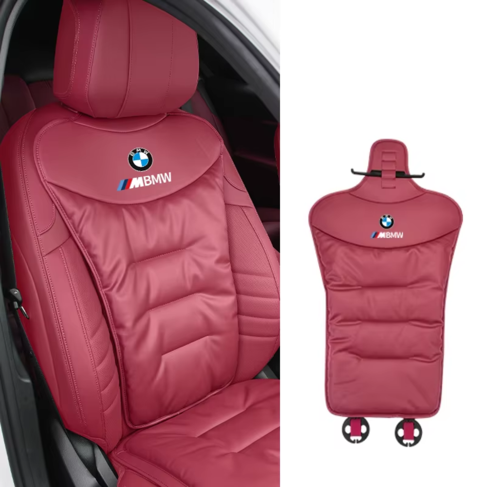 Ergonomic car seat cushion with lumbar support, red padded back panel with BMW logo.