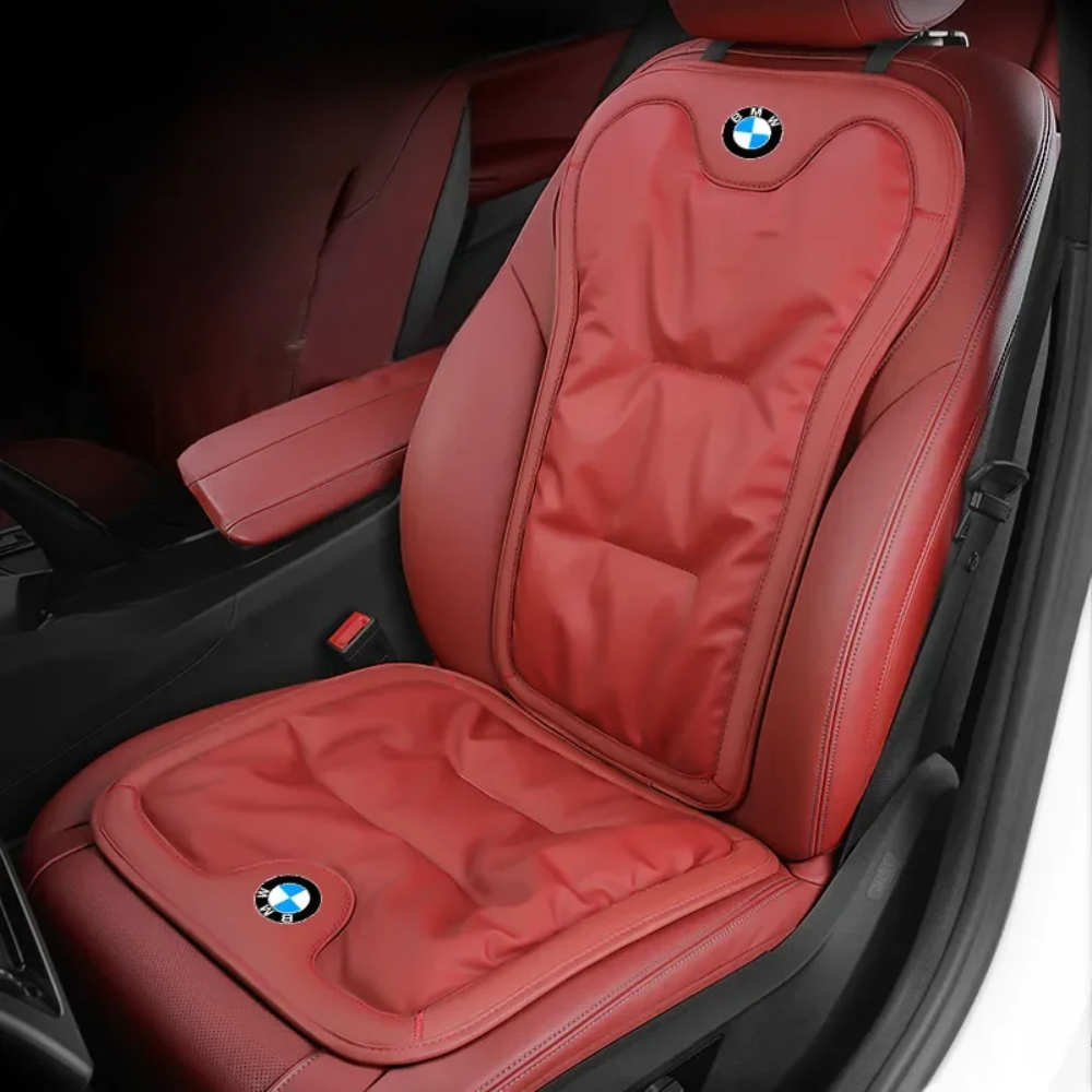 Ergonomic car seat cushion with lumbar support, red padded seat and backrest with BMW emblem.