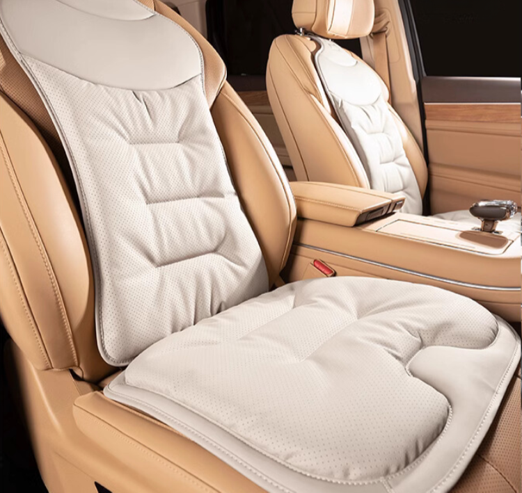 Ergonomic car seat cushion with lumbar support, beige padded seat cushion with textured surface.