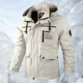 Men's hooded waterproof utility jacket, white with front zip and utility pockets