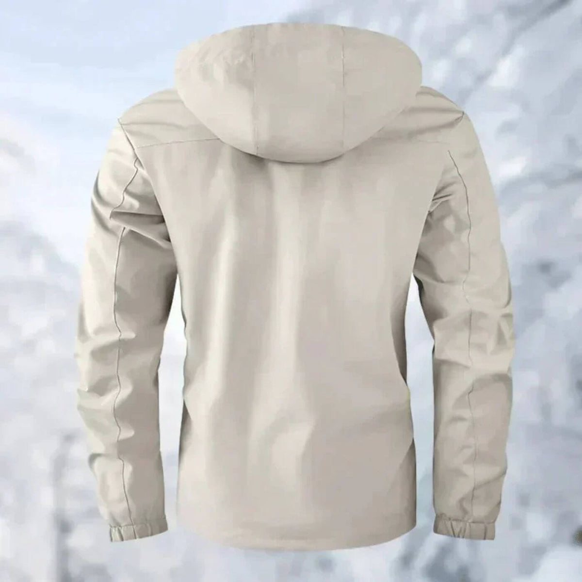 Men's hooded waterproof utility jacket, white back view with attached hood