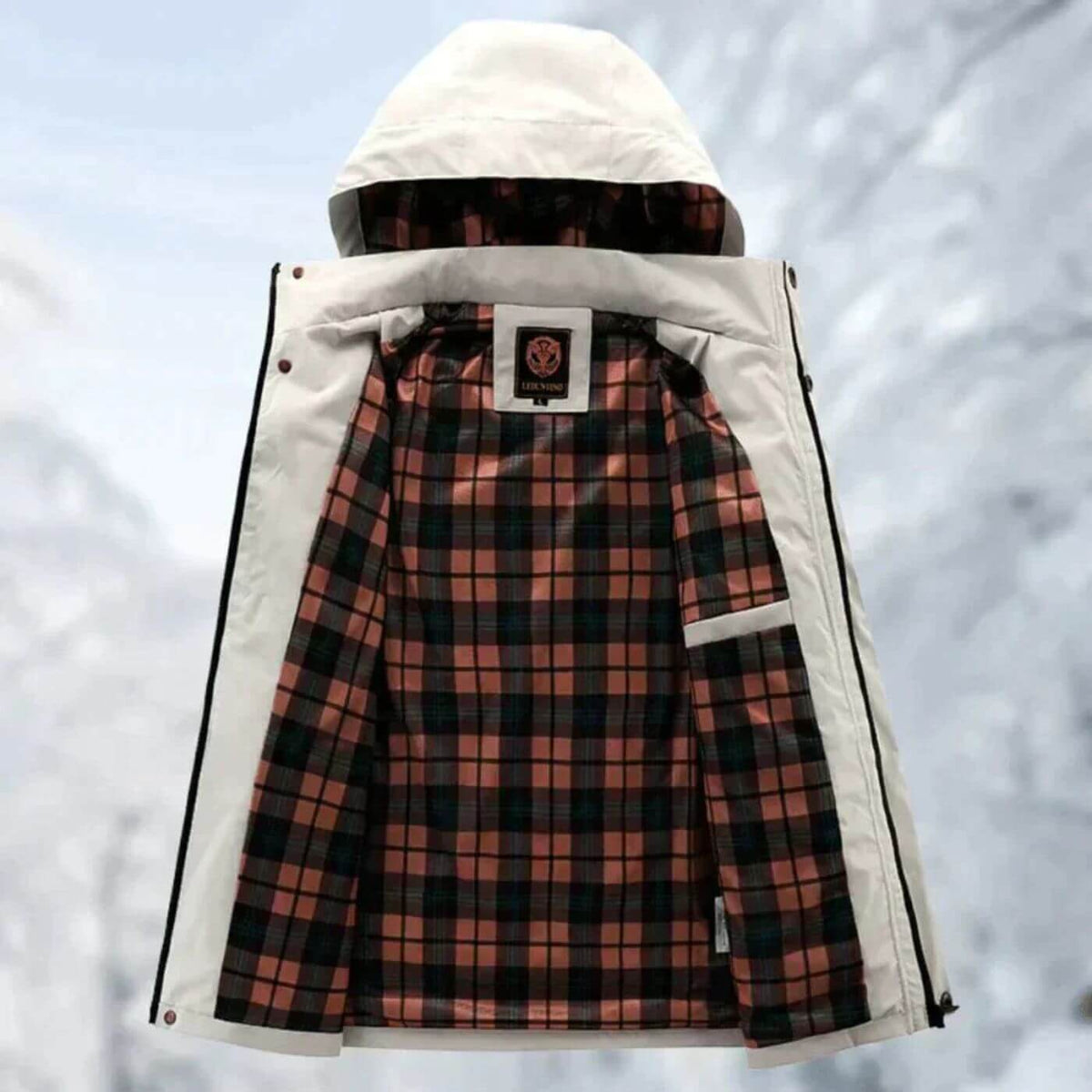 Men's hooded waterproof utility jacket, white with plaid inner lining