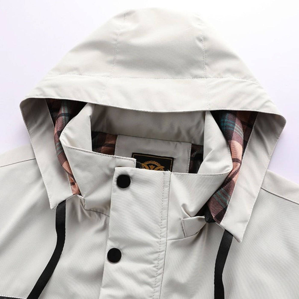 Men's hooded waterproof utility jacket, white hood lining and snap placket detail