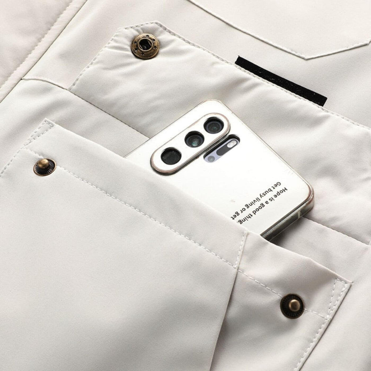 Men's hooded waterproof utility jacket, white chest pocket with snap buttons