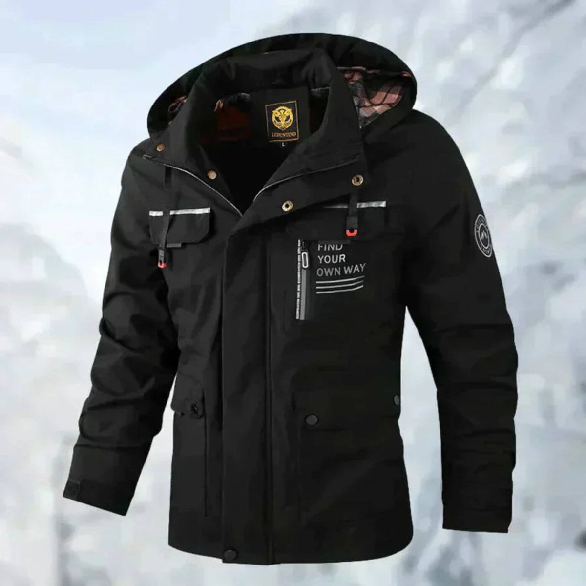 Men's hooded waterproof utility jacket, black with front zip and utility pockets