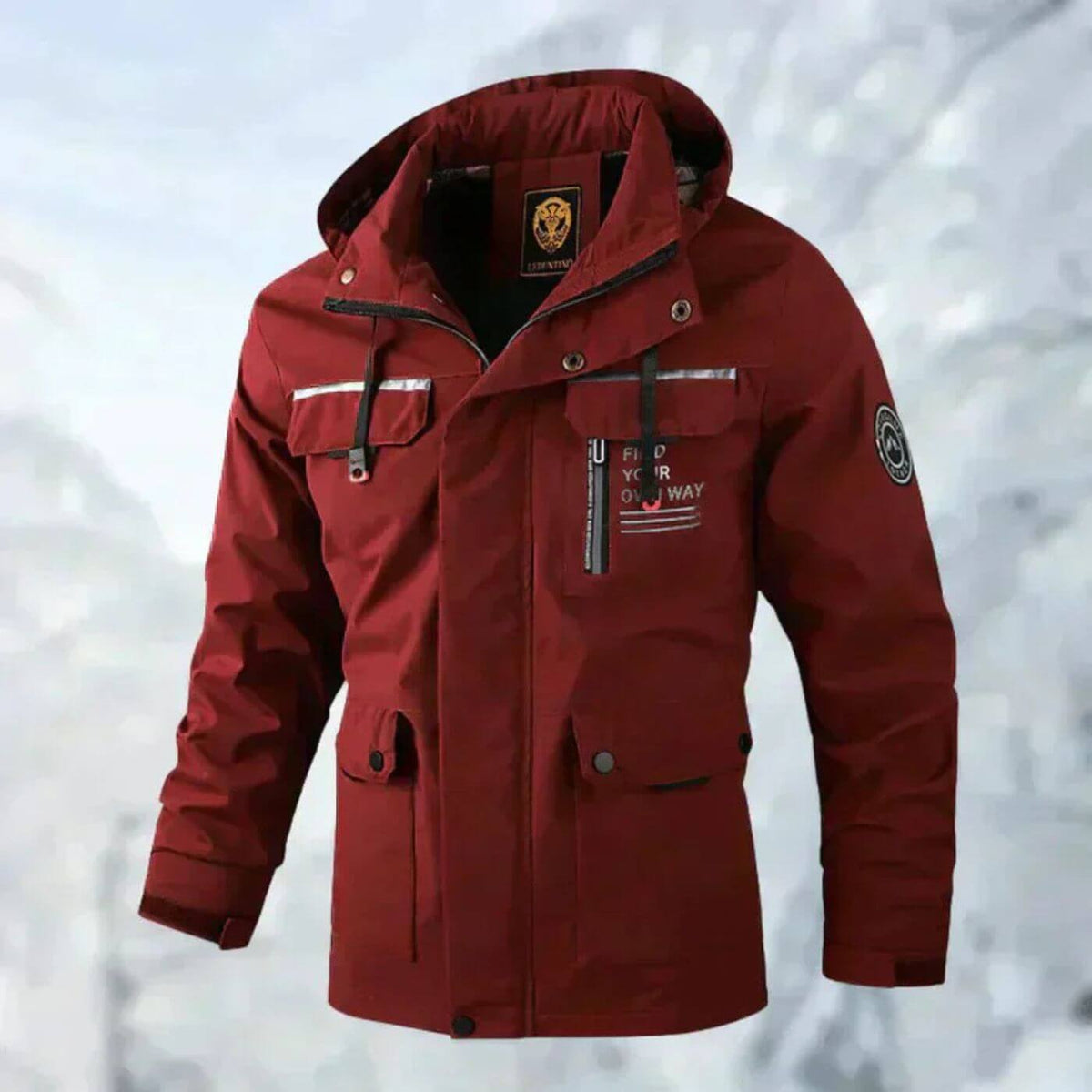 Men's hooded waterproof utility jacket, red with front zip and chest utility pocket